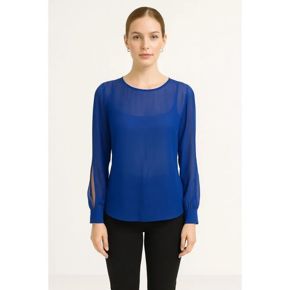 SHEIN Elegant Solid Blue Sheer Round Neck Women's Split Open Sleeve Blouse M